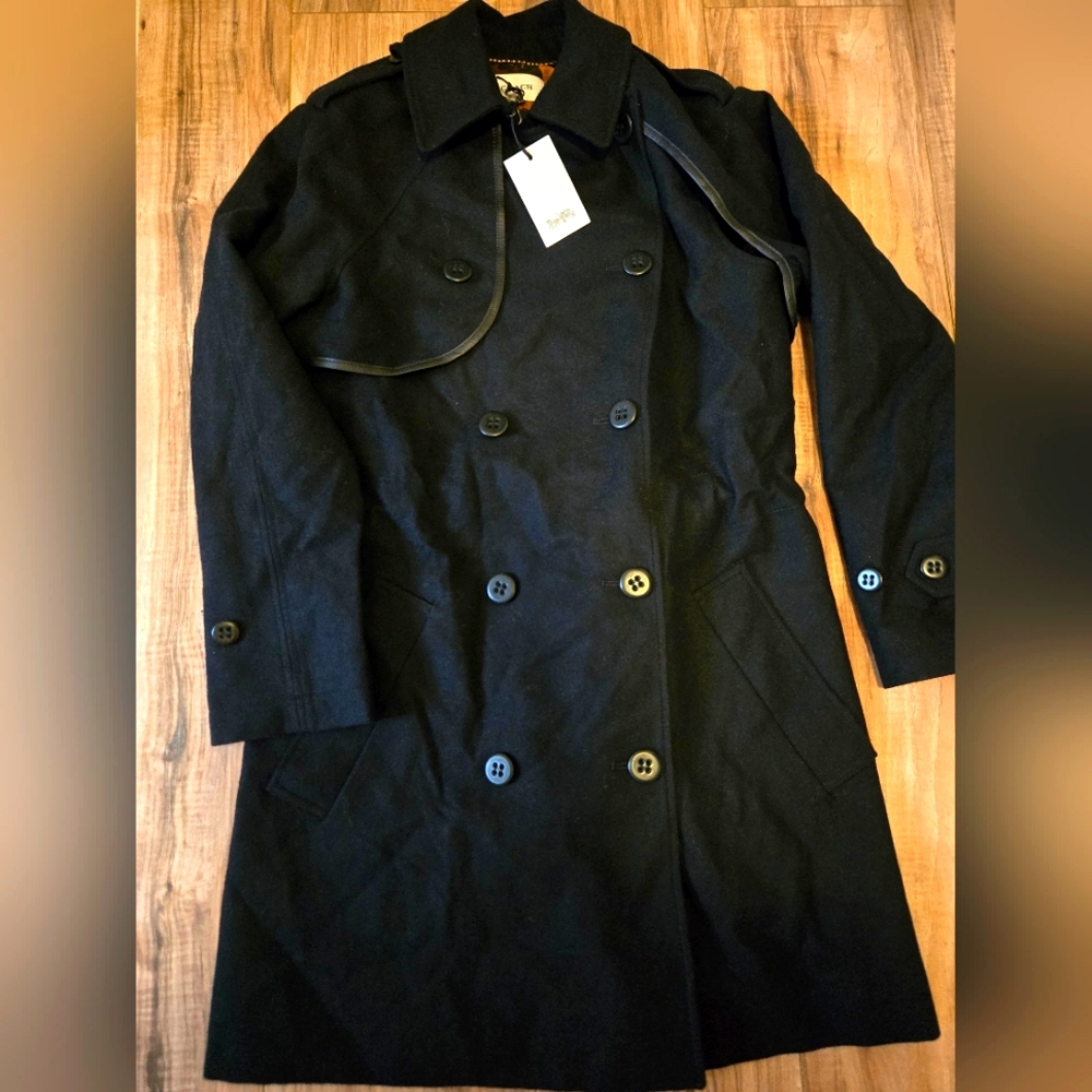 NEW 895$ Women's COACH Convertible Trench Coat Jacket Black Wool Size-0